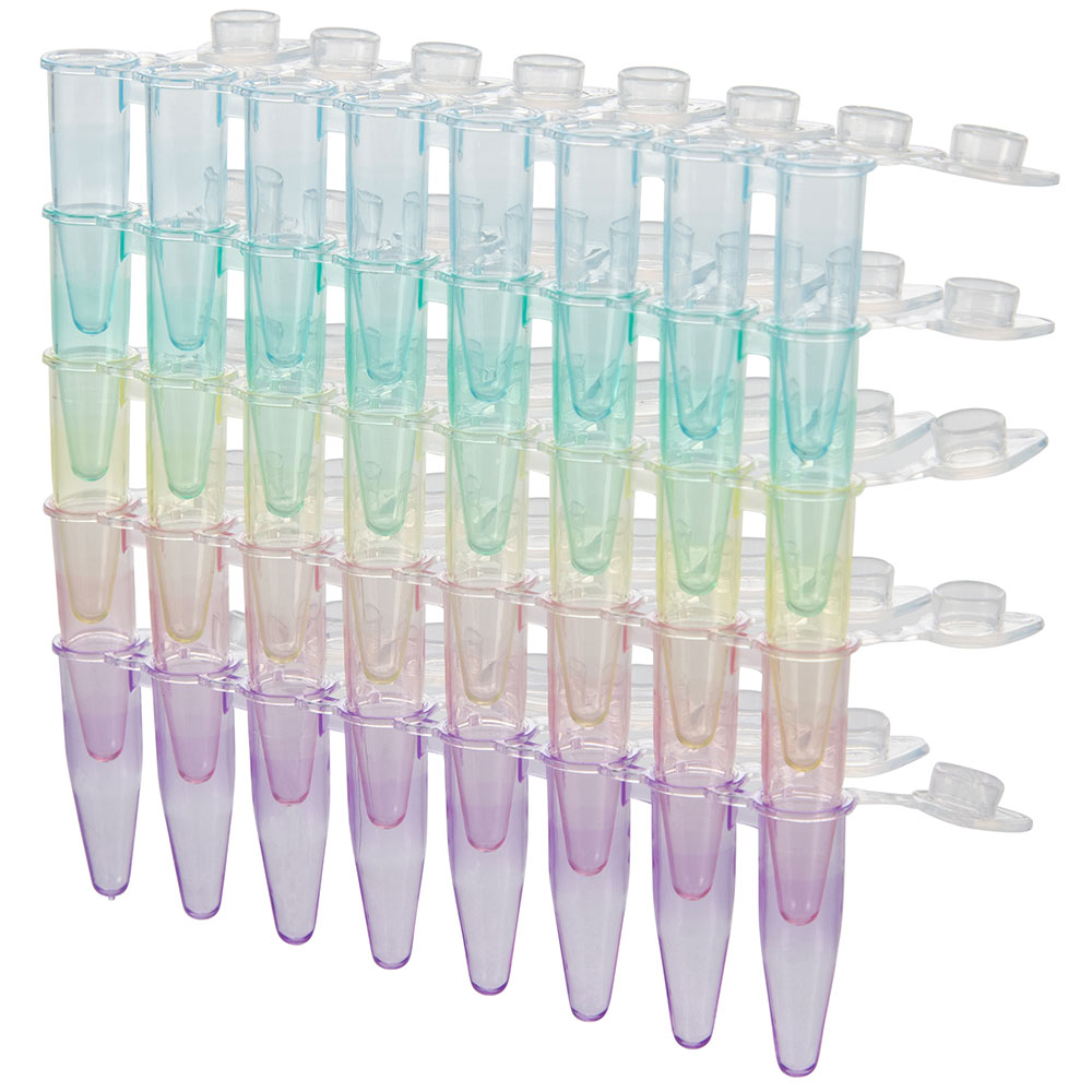 Globe Scientific DiamondLink 0.2mL 8-Strip Tubes, with Individually-Attached Flat Caps, Assorted Colors (Blue, Red, Green, Yellow and Violet) .2ml;flat caps;8 strip
